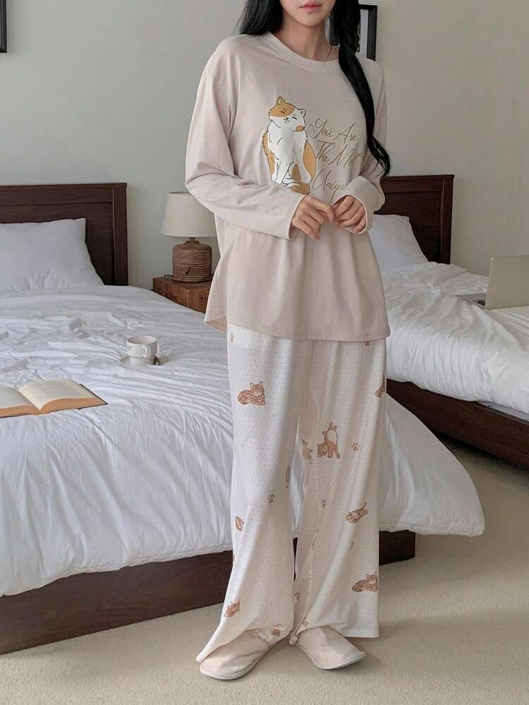 Cat Print T-Shirt Top & Matching Cat Print Pajama Pants Women Sleepwear Set
