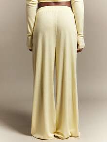 Hauture Pantaloni casual larghi a vita elastica di colore unito per donna - Giallo - Visualizzare 4