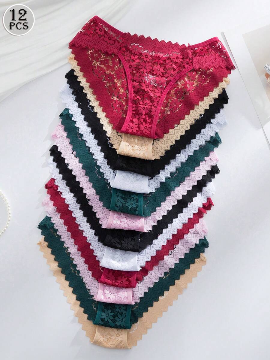 SHEIN Bộ 12 quần lót ren gợi cảm lãng mạn dành cho nữ, đồ lót trong suốt - Nhiều màu - Xem 1