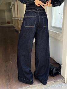 DAZY 女士复古宽松喇叭牛仔裤，春季款 - 藍色 - 查看 2