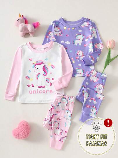 4pcs Baby Girls' Cartoon Unicorn Print Long Sleeve Top And Pants Set, Soft Knit Casual Comfortable Homewear, Suitable For Spring, Summer And Autumn