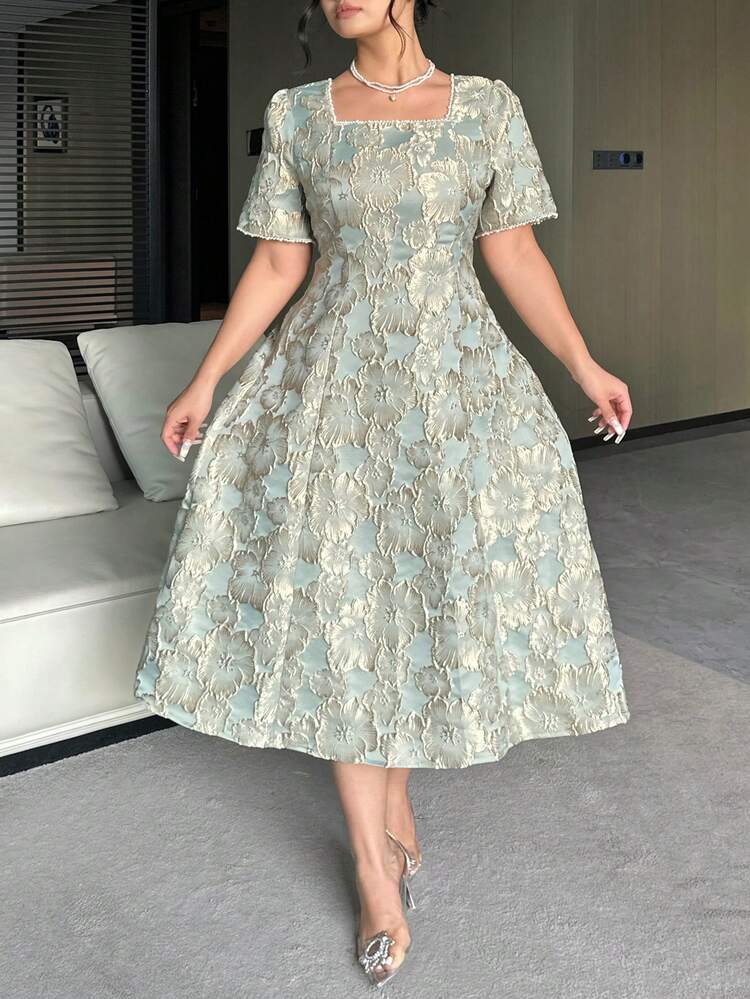 Dazy Plus Floral Textured Fabric Square Neck Elegant Waist Cinched Long Sleeve Plus Size Women Party Dress Maxi Dress Sundress