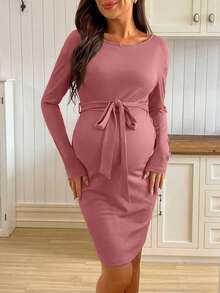 SHEIN Casual Everyday Versatile Long Sleeve Drawstring Loose Knit Elastic Black Midi Maternity Dress - Dusty Pink - View 3