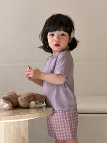 SHEIN 2pcs/Set Baby Girls' T-Shirt Set, Purple Casual Style Daily Fashion Versatile All-Match Cute Elegant Outfit, Suitable For Spring, Summer, Autumn - Purple - View 5