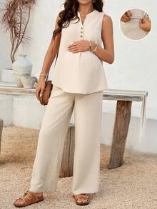 SHEIN Summer Maternity Clothes Maternity Co Ord Set  Pregnant Maternity Casual Vacation Bedding Set In Apricot Texture With Button Embellishments  Maternity V-Neck Sleeveless Top And Adjustable Waist Wide Leg Pants Casual Outfit - Apricot - View 1