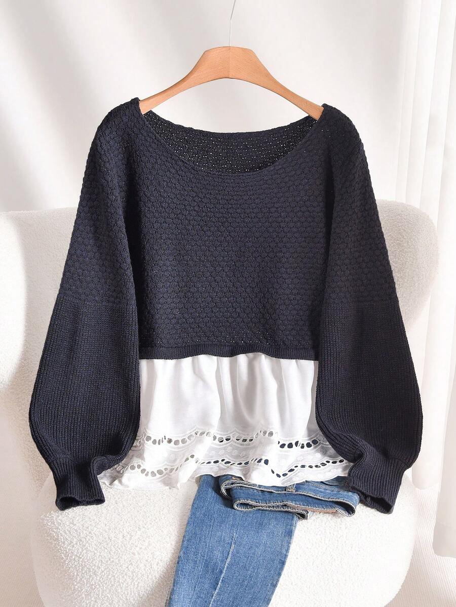 CosyJoli Suéter plus size casual com gola redonda, cintura marcada, manga bufante, patchwork e barra com babados. Blusa de crochê, blusa de tricô, blusa com detalhes vazados, blusa cottagecore para outono/inverno. - Azul marinho - Ver 1