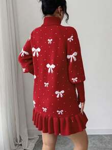 Elenzga Women's Elegant Turtleneck Bowknot Jacquard Tassel Hem Long Sleeve Sweater Dress, Autumn/Winter - Red - View 2