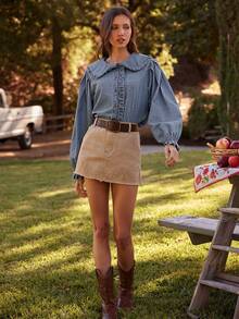 WESTFADE Camisa de botones de manga larga con cuello de volantes de mezcla de algodón chambray, tops lindos de otoño, concierto de country, otoño, invierno, bohemio, casual, lindo - Lavado ligero - Ver 5