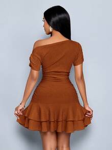 SOLERSUN Women's Elegant Party Daytime Apricot Knitted Asymmetrical Neck Neck Long Sleeves Gathered Double Ruffle Mini Dress - Rust Brown - View 2