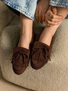 Rosivie 女式休闲平底一脚蹬流苏蝴蝶结设计鞋