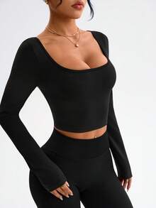 Dewbera 女士时尚优雅性感露背交叉U领短款修身运动长袖T恤，春秋季 - 黑色 - 查看 4
