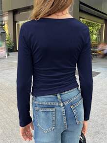 SHEIN Tween Girl Ruched Long Sleeve T-Shirt, Slit Cuffs, Waist Ruching, Square Neck T-Shirt, Autumn/Winter Top - Navy Blue - View 2