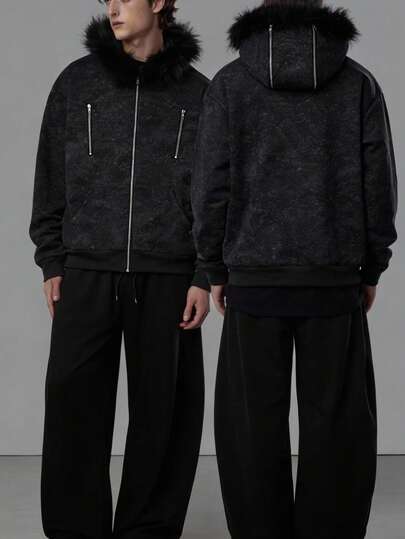 Street Life Sudadera con capucha casual para hombre con cuello de piel, otoño/invierno