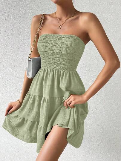 Chiquease Summer Casual Solid Color Bandeau Layered Hem Dress