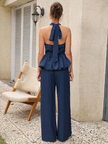 Cévolie Women's French V-Neck Spaghetti Strap Polka Dot Backless Camisole And Wide Leg Pants Two Pieces Set - Navy Blue - View 2