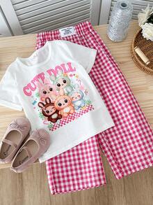 Genkimix Kids 2 peças/Conjunto Camiseta de Manga Curta com Estampa de Coelho para Meninas Jovens & Calça Xadrez Vermelha Solta de Perna Reta, Roupas de Algodão para Meninas - Branco - Visão 7
