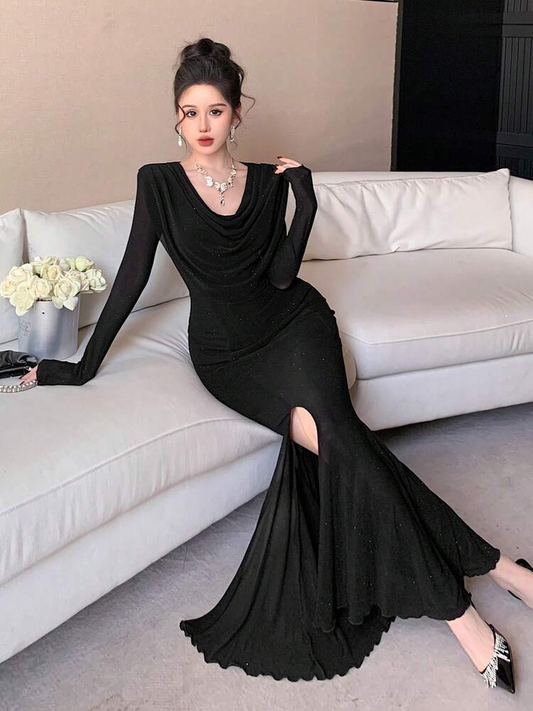 Women's Draped Neck Fitted Long Sleeve Sequin Mermaid Dress, Elegant Long Dress Sundress