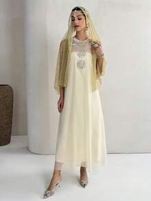 Yasmyna 女士休闲宽松亮片拼接无袖阿拉伯风格连衣裙，适合外出和聚会 - 杏色 - 查看 2