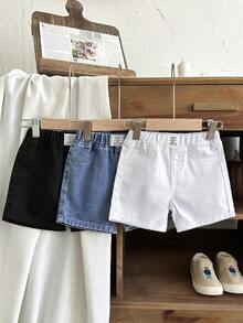 SHEIN LMoss Kids 3件套男婴柔软水洗休闲牛仔短裤套装，蓝/黑/白三色可选，适合春夏穿着，日常穿着、街头风、沙滩装、生日装、休闲牛仔裤、度假装，印花牛仔裤，三件套，2岁宝宝三件套，夏季三件套 - 彩色 - 查看 10