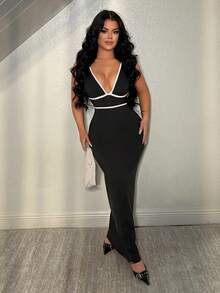 SHEIN SXY Women's Deep V-Neck Elegant Waist Cinching Party Dress,Black , ,Summer ,Spring ,Valentine's Day, Low Cut Curve Bodycon V And White Women - Black and White - View 5