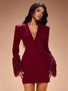 Radiana 酒红色人造毛皮拼接深V领西装裙（带垫肩），酒红色修身迷你连衣裙，红色连衣裙，酒红色西装外套，红色西装外套，派对连衣裙，适合约会、聚会、派对、宴会、正式场合 - 酒紅色 - 查看 3