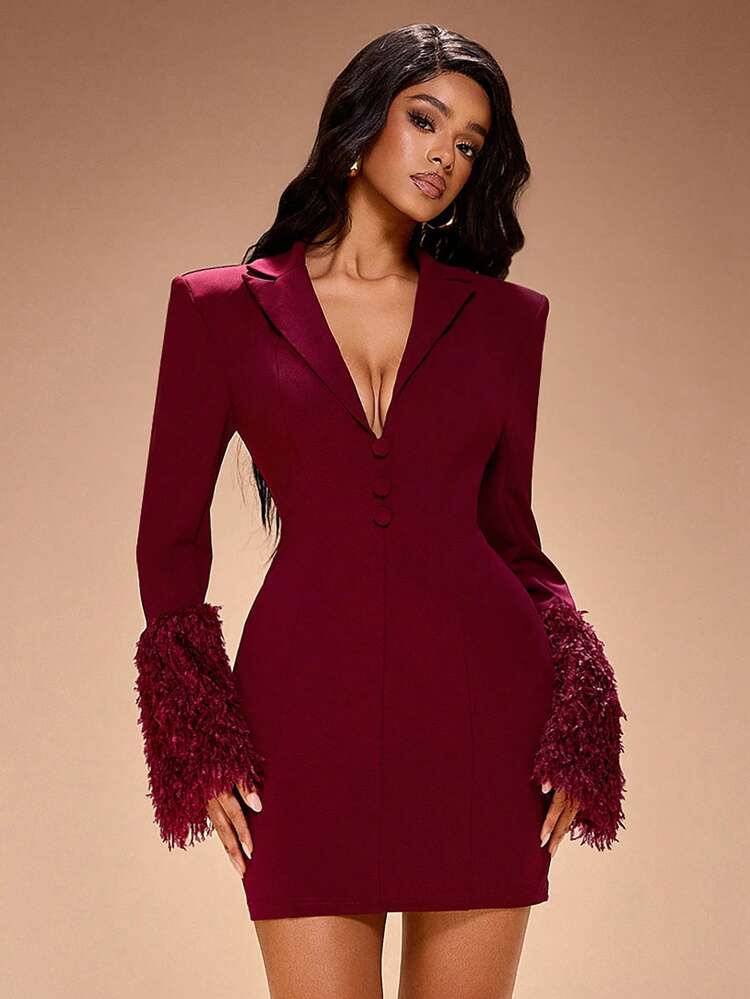 Radiana Robe blazer en fausse fourrure bourgogne avec décolleté en V profond (avec épaulettes), robe moulante bourgogne, robe rouge, blazer bourgogne, blazer rouge, robe de soirée, convient pour les rendez-vous, les réunions, les fêtes, les banquets, les occasions formelles - Rouge foncé - Voir 3