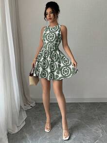 Elenzga Đầm mini thời trang không tay, hở lưng, buộc dây, in họa tiết cây cỏ dành cho nữ, thích hợp cho kỳ nghỉ. - màu xanh lá - Xem 3