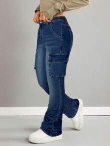 SHEIN 少女高腰工装口袋休闲弹力修身牛仔裤 - 深色水洗藍 - 查看 7