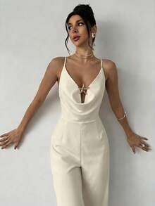 Firerie 女士优雅约会、度假、婚礼季吊带垂褶领金属装饰交叉露背褶皱杏色纯色长款连体裤，女士优雅春夏连体裤 - 杏色 - 查看 6