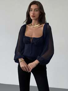 Aloruh Ruched Gathered Waist Flared Hem Textured Fabric Long Sleeve Blouse For Women - Blue - View 5