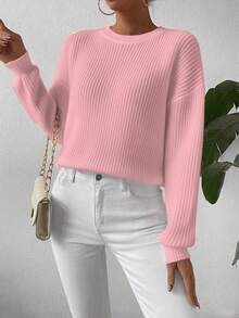 SHEIN LUNE Women's Casual Baby Pink Rib-Knit Round Neck Drop Shoulder Long Sleeve Regular Pullover Sweater - Baby Pink - View 4
