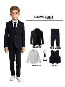 6pcs Young Boys Black & White Suit Set, Including Light White Long Sleeve Shirt, Black Tie & Bow Tie, Matching Vest, Jacket And Pants. The Light White Long Sleeve Shirt Stands Out Cleanly And Fashionably In The All-Black Suit Set. This Black Suit Set Features A Sophisticated And Minimalist Design, Suitable For Children To Attend Holiday Events During Ramadan, As Well As Other Formal Occasions Such As Weddings, Wedding Guests, Ring Boy, Page Boy