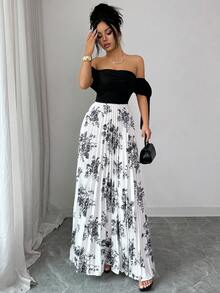 Elenzga Đầm trễ vai xếp ly thắt nơ dây buộc, thiết kế 2 trong 1, họa tiết hoa đen trắng phối màu ngẫu nhiên, ôm eo tôn dáng, kiểu dáng Pháp thanh lịch, thích hợp cho cả đi nghỉ mát và công sở, dáng chữ A tay ngắn. - màu đen - Xem 5