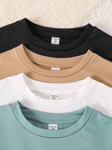 SHEIN 8件套男童休闲宽松字母印花圆领T恤短裤套装，适合通勤、上学、日常休闲穿着、运动、春夏穿着 - 彩色 - 查看 6