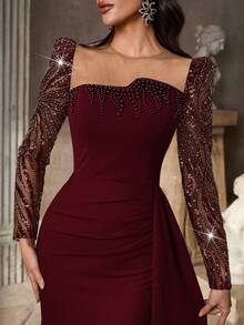 Glamrae 优雅奢华亮片珠饰女士正式晚礼服（重工装饰） - 酒紅色 - 查看 1