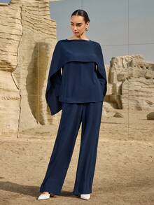 Graceveil 女士优雅通勤纯色披肩上衣和裤子两件套 - 藏蓝色 - 查看 4