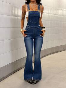StreetHx Women's Fashionable Casual Slim Fit Flared Bib Overalls And Jumpsuit - Dark Wash - View 4