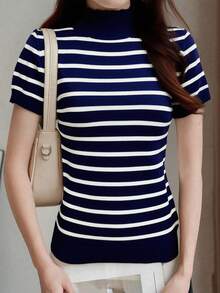 Almamuse Áo len nữ tay ngắn cổ cao, dáng ôm, kẻ sọc, đa năng, kiểu dáng thường ngày. - Màu xanh lam - Xem 3