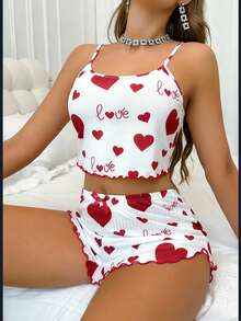 SHEIN Women's Heart & Letter Print Jacquard Ruffle Trim Camisole & Shorts Pajama Set Cute Lounge Set Cute Underwear Sets Women Summer Sets Cute Sets For Women Lingerie Sleep Set - Multicolor - View 5