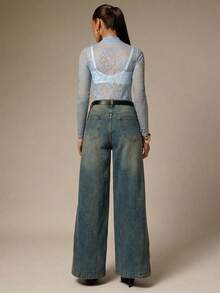 Silquee 女士花卉蕾丝立领长袖透视性感连体衣 - 淺藍色 - 查看 2