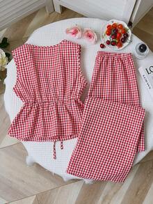 Sweetra European & American Summer New Red Retro Plaid Lace-Up Minimalist Straight-Leg Pants, Versatile Commuter Style, Two Pieces Set For Women - Burgundy - View 2