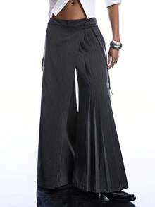LYSMO 2026 New Arrive Minimalism Spring/Summer Women's Striped Patchwork Design Pleated Wide Leg Casual Pants/ Summer Outfits/Spring Outfit Women/ Spring Break Outfits/Valentine's Day /Valentine Outfits For Women /Birthday Outfits For Women / Y2k Clothes /Black Pants/Carnival / Carnival Costume