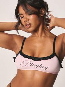 Missguided x Playboy 饰有Logo荷叶边的文胸，黑色撞色包边 - 粉色 - 查看 1