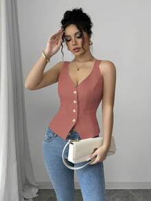 Selianne Women's Solid Color Single-Breasted Casual Versatile Thick Strap Tank Top - Pink - View 4