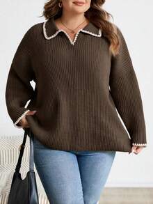 SHEIN CURVE+ Large Casual Contrasting Dog Tooth Edge Lapel V-Neck Women's Pullover Sweater Autumn Winter Clothes For Women - Brown - View 5