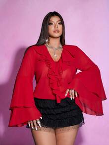 Viva Relle 大码优雅通勤纯色喇叭袖荷叶边下摆衬衫 - 紅色 - 查看 2