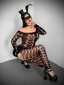 Whyspr Valentines Casual Punk Plus Size Women's Sexy Hollow Out Sheer Off-Shoulder Bodycon Jumpsuit - Black - View 1