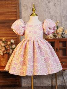 Glamorique Kids 小女孩派对花童礼服，优雅浅粉色提花方领泡泡袖蓬蓬裙甜美公主裙