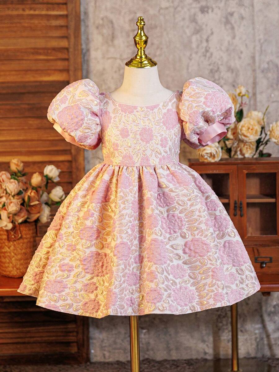 Glamorique Kids 小女孩派对花童礼服，优雅浅粉色提花方领泡泡袖蓬蓬裙甜美公主裙