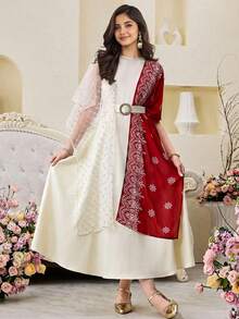 SHEIN Teen Girls Elegant White Summer Dress,Shawl Collar Traditional Pakistani Kaftan Abaya Sets,Sweet Waist Belt Puff Sleeve Civil Wedding Bride Gown - Multicolor - View 4